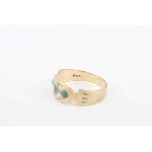 83 - 9ct gold turquoise & seed pearl seven stone ring (2.4g) Size  M