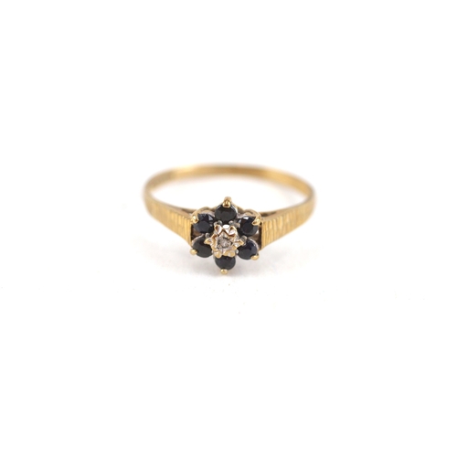 88 - 9ct gold diamond & sapphire floral cluster ring (1.3g) Size  N