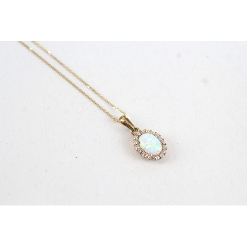 99 - 9ct gold synthetic opal & cubic zirconia oval cluster pendant necklace (1.2g)