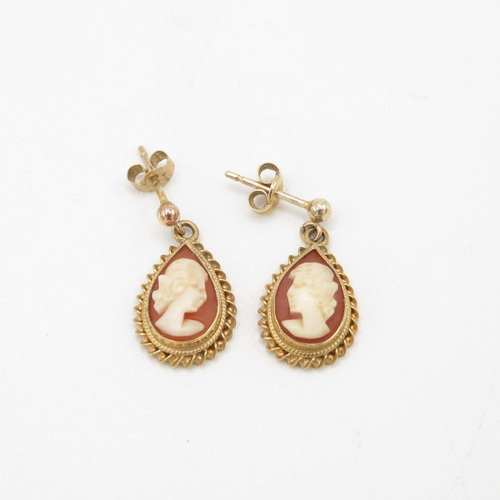 245 - 9ct gold shell cameo drop earrings with scroll backs (2.2g)
