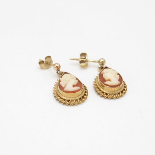 245 - 9ct gold shell cameo drop earrings with scroll backs (2.2g)