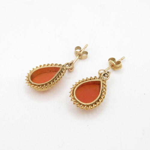 245 - 9ct gold shell cameo drop earrings with scroll backs (2.2g)