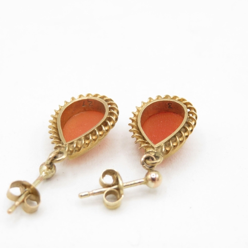 245 - 9ct gold shell cameo drop earrings with scroll backs (2.2g)