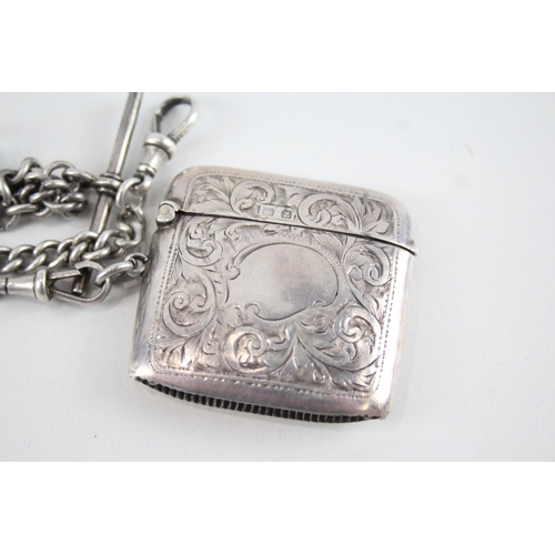 368 - Antique 1924 Birmingham Sterling Silver Vesta w/ Sterling Albert Chain 48g