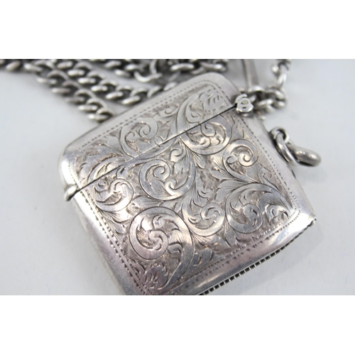 368 - Antique 1924 Birmingham Sterling Silver Vesta w/ Sterling Albert Chain 48g