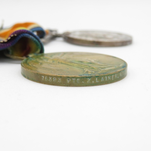 394 - Mounted WWI Medal pair named 76383 Pte. Z. Latner Northumberland Fusiliers