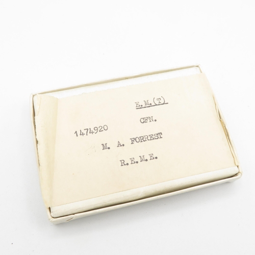 412 - WWII Territorial boxed medal group and postal packet.  Territorial named 1474920 CFN M.A. Forrest R.... 