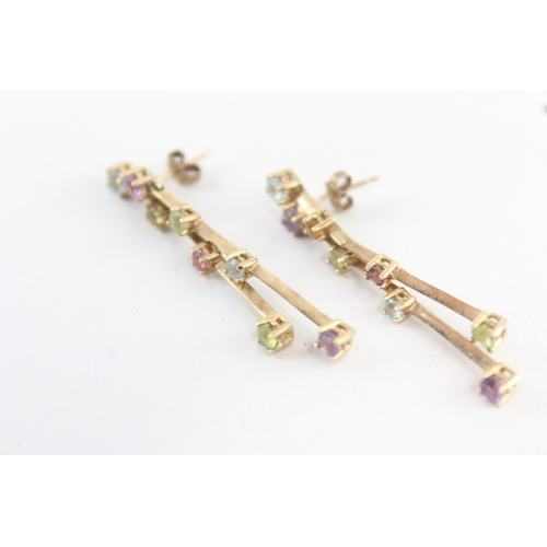 14 - 9ct gold multi-gemstone drop earrings inc. amethyst, topaz, peridot, citrine & tourmaline (3.4g)