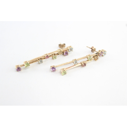 14 - 9ct gold multi-gemstone drop earrings inc. amethyst, topaz, peridot, citrine & tourmaline (3.4g)