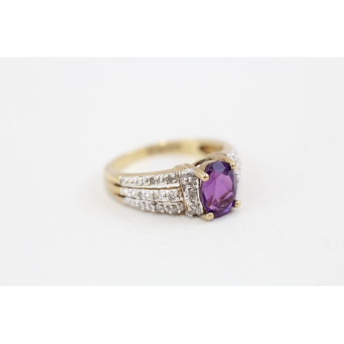 2 - 9ct gold oval amethyst single stone ring with diamond set split shank (3.1g) Size  M