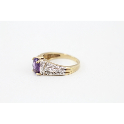 2 - 9ct gold oval amethyst single stone ring with diamond set split shank (3.1g) Size  M