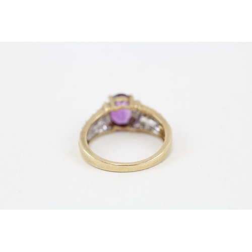 2 - 9ct gold oval amethyst single stone ring with diamond set split shank (3.1g) Size  M