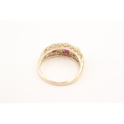 242 - 9ct gold diamond & ruby dress ring with heart motif (3.4g) Size  P