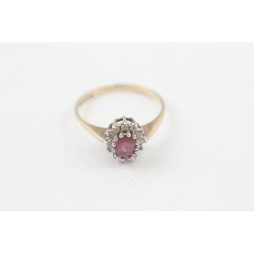 254 - 9ct gold diamond & ruby oval cluster ring (1.3g) Size  K 1/2