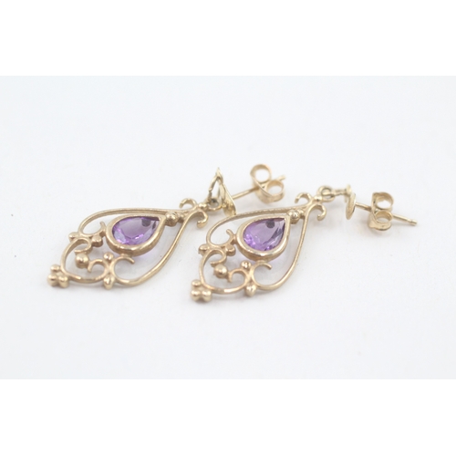 269 - 9ct gold amethyst openwork drop earrings (2.2g)