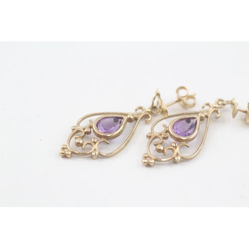 269 - 9ct gold amethyst openwork drop earrings (2.2g)