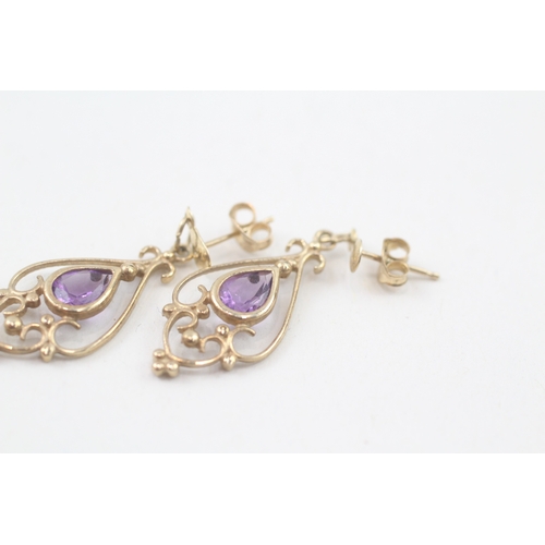 269 - 9ct gold amethyst openwork drop earrings (2.2g)