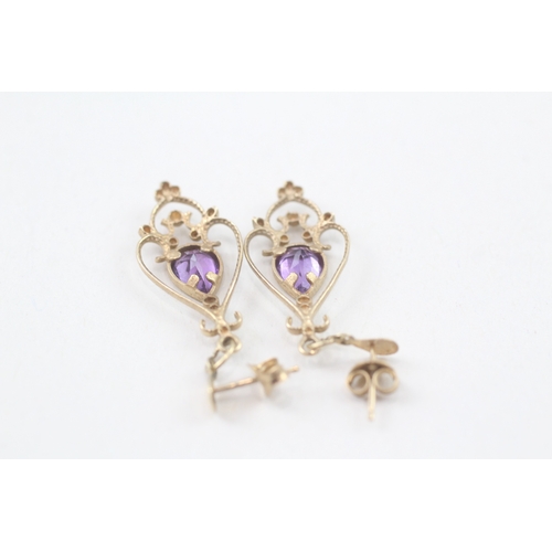 269 - 9ct gold amethyst openwork drop earrings (2.2g)