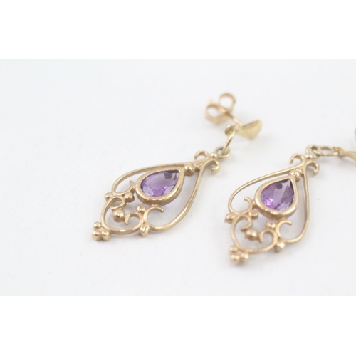 269 - 9ct gold amethyst openwork drop earrings (2.2g)