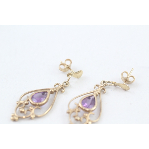 269 - 9ct gold amethyst openwork drop earrings (2.2g)