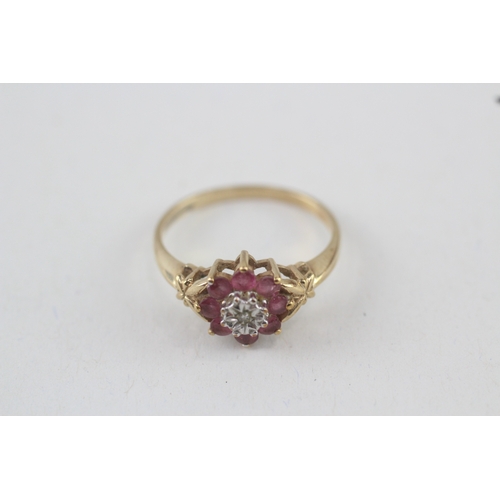 28 - 9ct gold diamond & ruby floral cluster ring (2.1g) Size  N 1/2