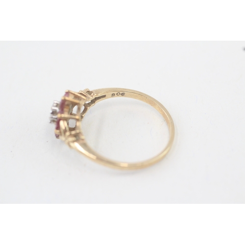 28 - 9ct gold diamond & ruby floral cluster ring (2.1g) Size  N 1/2