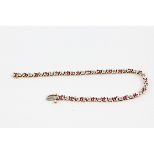 3 - 9ct gold diamond & ruby fancy link bracelet (6.2g)