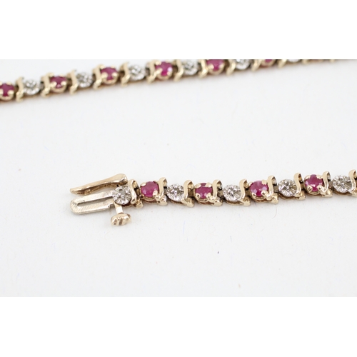 3 - 9ct gold diamond & ruby fancy link bracelet (6.2g)