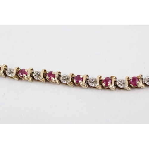 3 - 9ct gold diamond & ruby fancy link bracelet (6.2g)