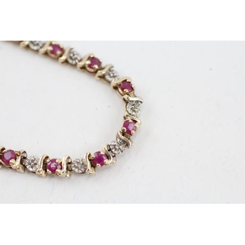 3 - 9ct gold diamond & ruby fancy link bracelet (6.2g)