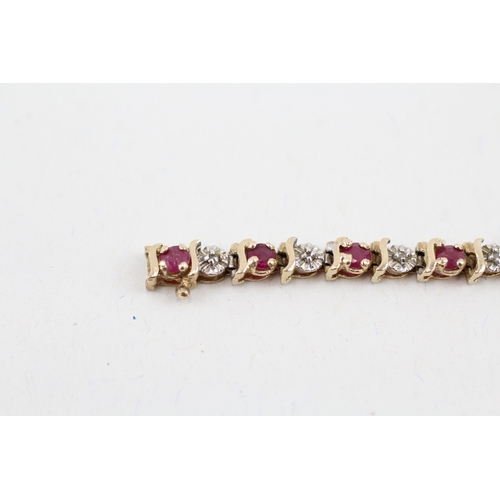 3 - 9ct gold diamond & ruby fancy link bracelet (6.2g)