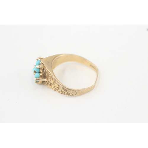 30 - 9ct gold reconstructed turquoise seven stone floral cluster ring (2.8g) AS SEEN - MISHAPEN Size  L