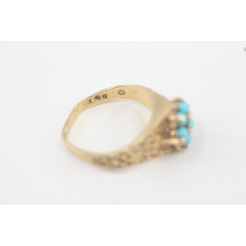 30 - 9ct gold reconstructed turquoise seven stone floral cluster ring (2.8g) AS SEEN - MISHAPEN Size  L