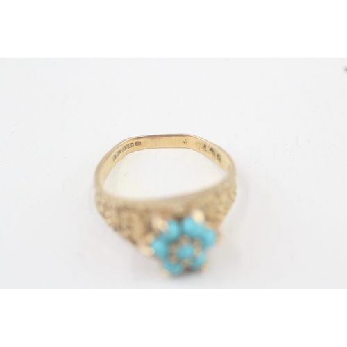 30 - 9ct gold reconstructed turquoise seven stone floral cluster ring (2.8g) AS SEEN - MISHAPEN Size  L