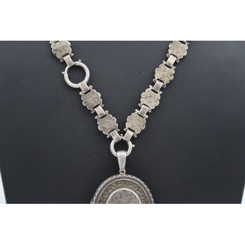 303 - Silver Victorian locket on book chain necklace (56g)