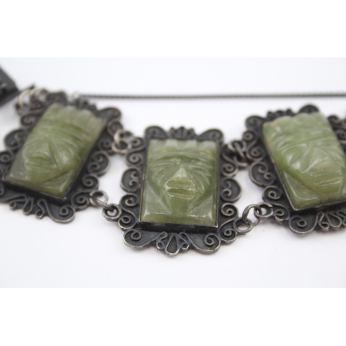 318 - Silver Mexico carved gemstone panel bracelet (67g)