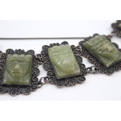 318 - Silver Mexico carved gemstone panel bracelet (67g)