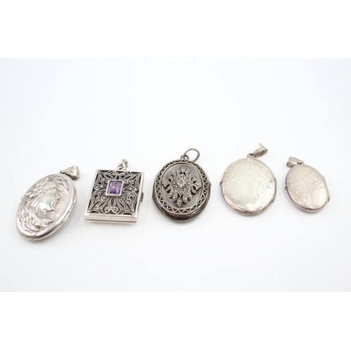 326 - Five silver locket pendants including marcasite (50g)