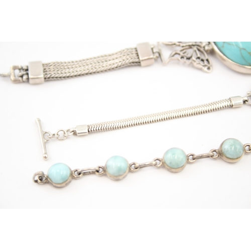 336 - Three silver gemstone bracelets including Larimar (55g)