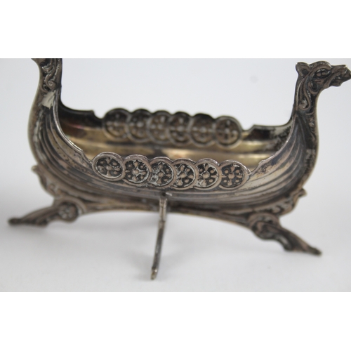 394 - 2 x Vintage .830 & .925 Sterling Novelty Viking Long Boat Condiment Dishes (35g)