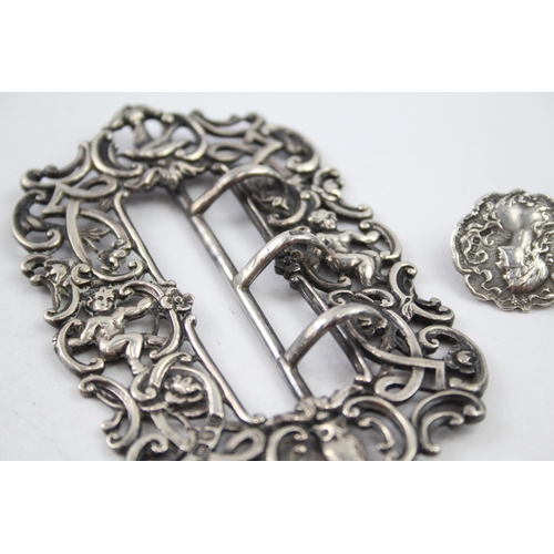 402 - 5 x Antique .925 Sterling Silver Ladies Buttons & Buckle Inc Art Nouveau 70g