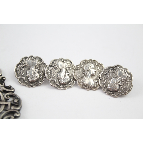 402 - 5 x Antique .925 Sterling Silver Ladies Buttons & Buckle Inc Art Nouveau 70g