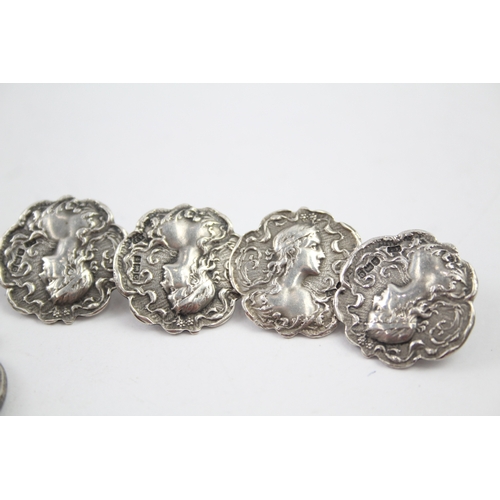 402 - 5 x Antique .925 Sterling Silver Ladies Buttons & Buckle Inc Art Nouveau 70g