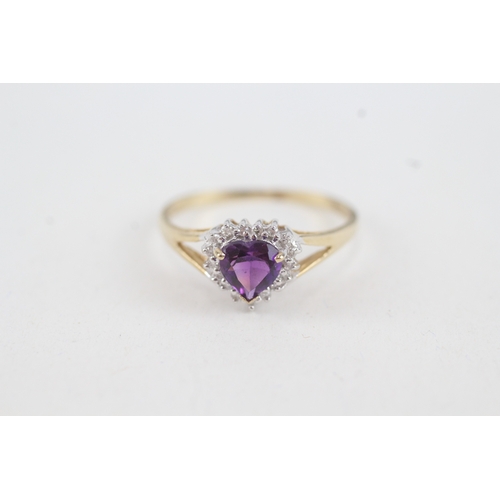 44 - 9ct gold diamond & amethyst heart cluster ring (1.7g) Size  R