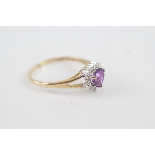 44 - 9ct gold diamond & amethyst heart cluster ring (1.7g) Size  R