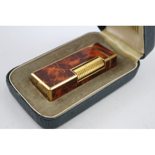 457 - Vintage DUNHILL Gold Plated & Brown Lacquer Rolagas Cigarette Lighter Boxed