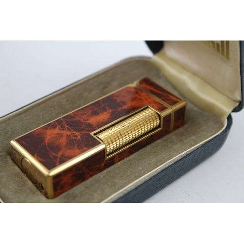 457 - Vintage DUNHILL Gold Plated & Brown Lacquer Rolagas Cigarette Lighter Boxed