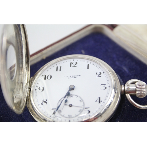 522 - Vintage J. W. Benson 925 Silver Pocket Watch Hand-Wind Working w/ Original Box