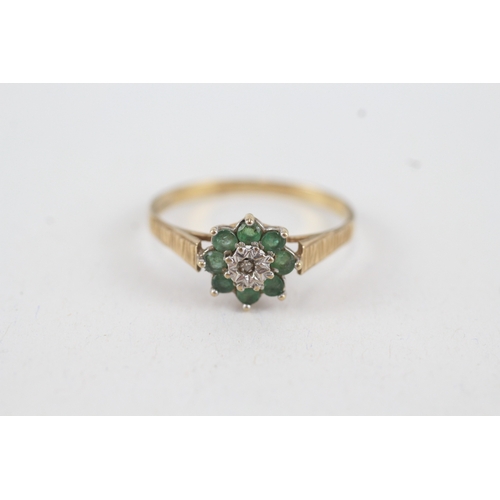 81 - 9ct gold diamond & emerald floral cluster ring (1.6g) Size  S