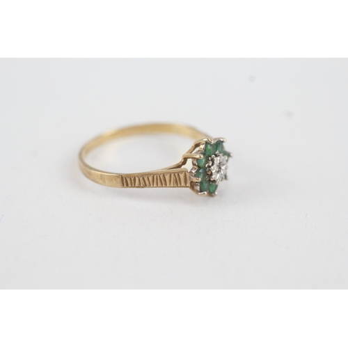 81 - 9ct gold diamond & emerald floral cluster ring (1.6g) Size  S